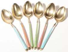 Six Enameled Sterling Demitasse Spoons