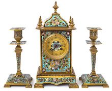 French Champleve Enameled  Clock Set