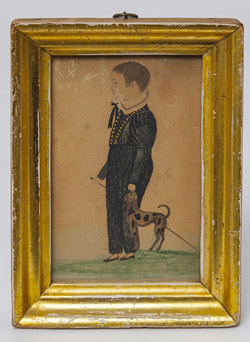 Folk Art Miniature Watercolor of Young Boy & Dog