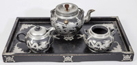 Chinese Pewter Overlay Black Stoneware Tea Set