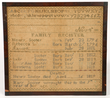 1820 SOOTER FAMILY NEEDLEWORK SAMPLER ON LINEN