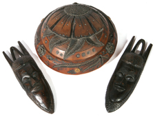 TWO HARDWOOD TRIBAL FACE PLAQUES & COVERED BOWL