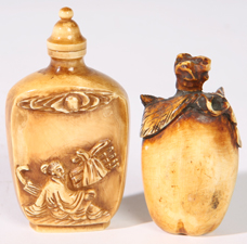 TWO CHINESE CARVED IVORY SNUFF BOTTLES