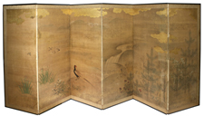 ANTIQUE JAPANESE PAINTED SIX PANEL SCREEN