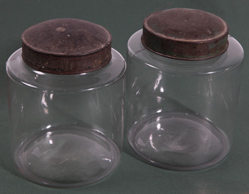 TWO EARLY GLASS APOTHECARY JARS W/TIN LIDS