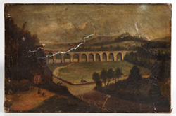MID-19TH CENTURY OIL PAINTING OF TRAIN TRESTLE OVER RIVER