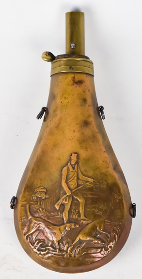 Lot - Vintage Brass Embossed Peace Flask Black Powder Flask