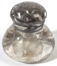 ENGRAVED INKWELL PAPERWEIGHT W/ STERLING OVERLAY TOP