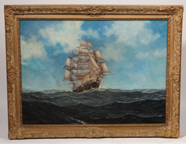 Illegibly Signed 19th Century Oil Painting of Ship