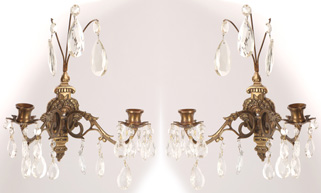 Pair Bronze & Crystal Candle Wall Sconces