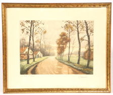 ILLEGIBLY SIGNED COLOR LITHOGRAPH TITLED "ROAD TO VILLAGE"