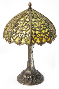 Large Bronze Overlay Slag Glass Lamp