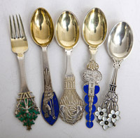 Five Early Michelsen Enameled Sterling Spoons & Fork