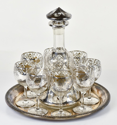 Silver Overlay Decanter & Glasses