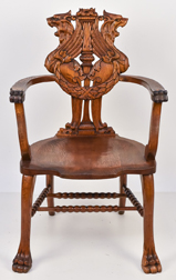 Carved Oak Armchair with Lion Back