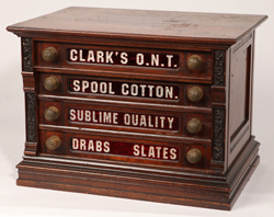 Clark's Red Glass Four Drawer Spool Cabinet