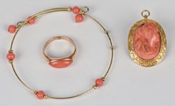 Three Pieces Victorian Coral & Gold Jewelry