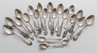 21 Bright Cut Sterling Souvenir Spoons