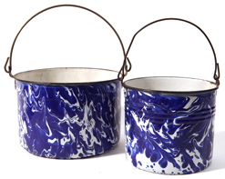 Two Cobalt Blue Swirl Graniteware Pails