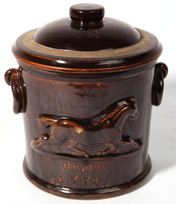  STONEWARE TOBACCO JAR WITH EMBOSSED HORSE