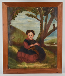 Early Folk Art Painting of Young Girl Holding Dog