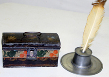 EARLY DECORATED TOLE BOX & PEWTER INKWELL