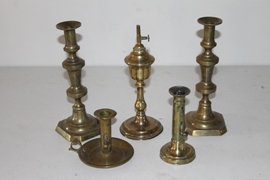 EARLY WHALE OIL LAMP & CANDLESTICKS