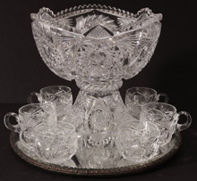 CUT GLASS PUNCH BOWL & CUPS 
