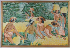 Signed Balinese Oil Painting, Rice Harvest