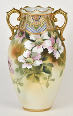 Nippon Floral Vase with Beaded Gold Design
